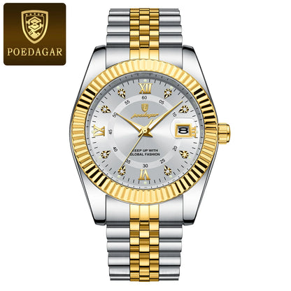 Reloj para hombre POEDAGAR: modelo de lujo, resistente al agua, de acero inoxidable, con pantalla luminiscente, estilo militar, función de fecha, mecanismo de cuarzo, ideal para el trabajo o para ocasiones profesionales.