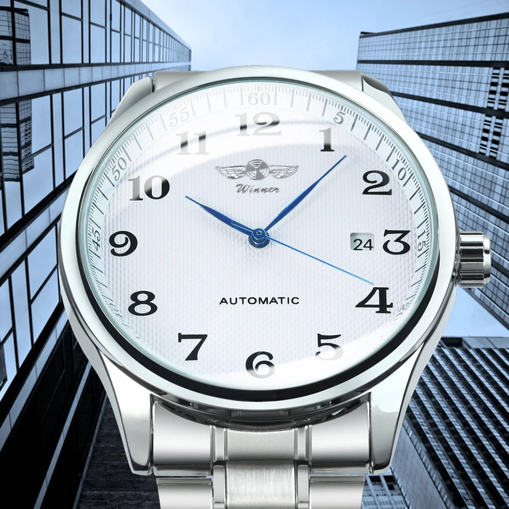 Classic men’s watch – Retro style with date display and blue hands, automatic mechanical movement, prestigious brand, steel case and leather strap