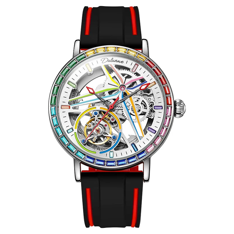 Férfi szkeleton óra, divatos stílusban, szivárvány színekben ragyogó drágakövekkel díszítve, tourbillon szerkezettel; luxus automata mechanikus óra, 30 méterig vízálló.