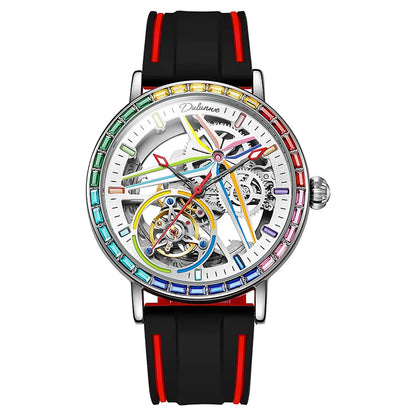 Férfi szkeleton óra, divatos stílusban, szivárvány színekben ragyogó drágakövekkel díszítve, tourbillon szerkezettel; luxus automata mechanikus óra, 30 méterig vízálló.