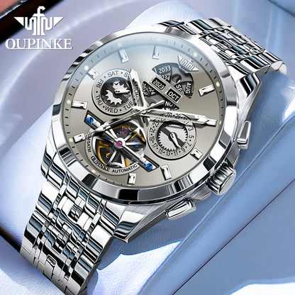 OUPINKE 3251 Watch For Men Auto Date Hollow Skeleton Luxury Automatic Mechanical Hand Clock Top Brand Waterproof Man Watches