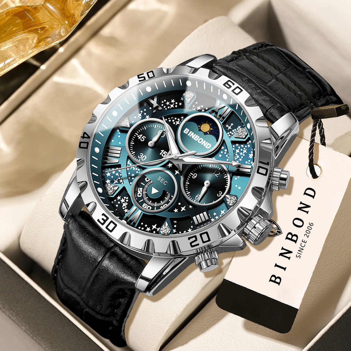 Authentic and accurate BINBOND quartz wristwatch for men, a luxury, water-resistant chronograph with a luminous display and leather strap.