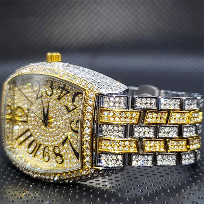 Stainless Steel Men's Watches Luxury Diamond Silver Iced Out Quartz Watch Top Brand 30M Waterproof Big Dial Tonneau Reloj Hombre