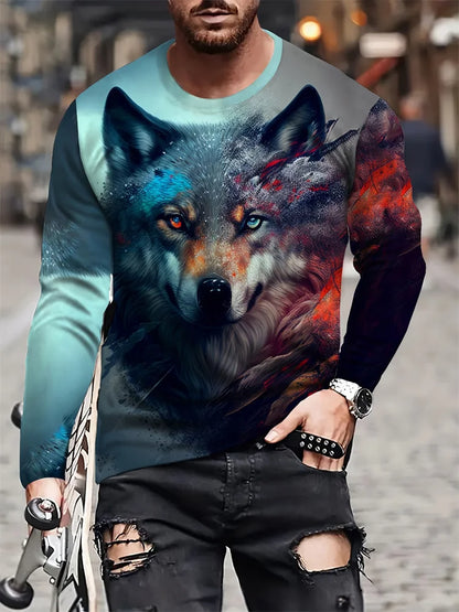2024 Neues Herren-Langarmshirt mit Wolf-Print – lässiges Herren-Shirt für Frühling und Herbst, Street-Fashion-Langarmshirt
