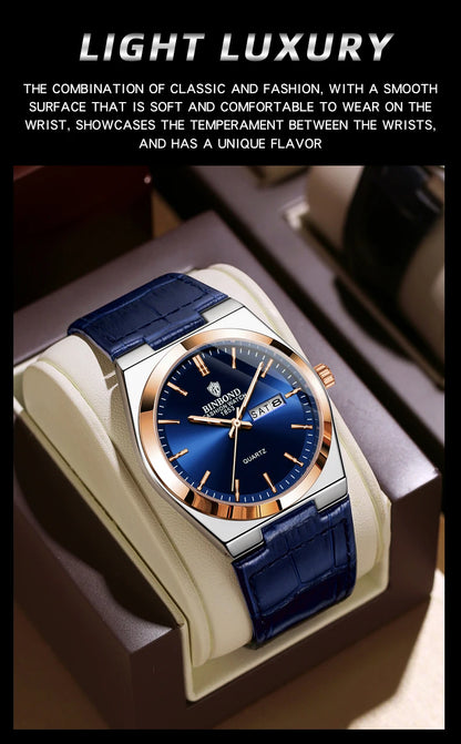 BINBOND Luxury leather strap quartz wristwatches precise luminous waterproof auto date week display durable men's watch reloj