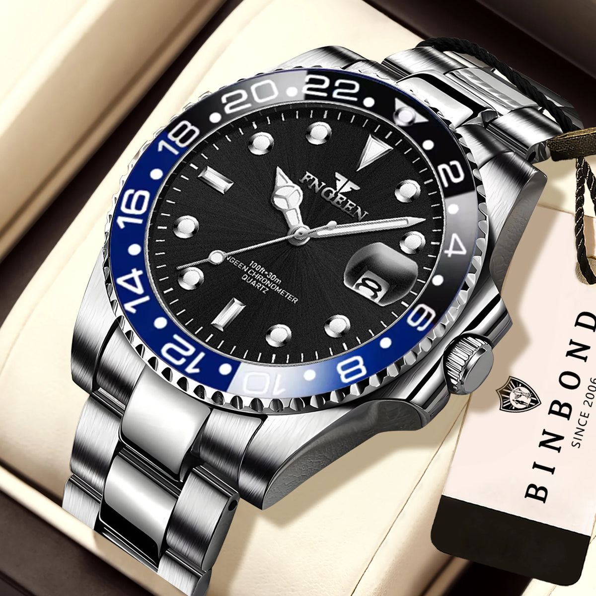 BINBOND FNGEEN Son Brand quartz wristwatch for men, with a stainless steel strap, luminous and water-resistant, luxury.