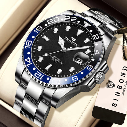 BINBOND FNGEEN Son Brand quartz wristwatch for men, with a stainless steel strap, luminous and water-resistant, luxury.