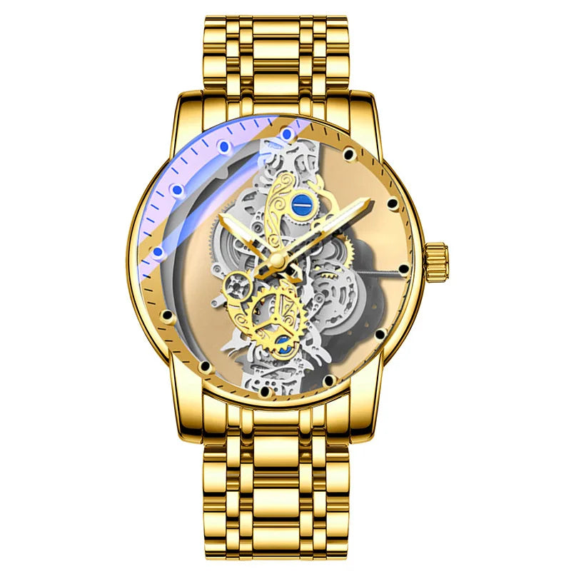 Trendy men’s watch, dual-opening model, luxury gold-tone style, imitation mechanical tourbillon, quartz movement.