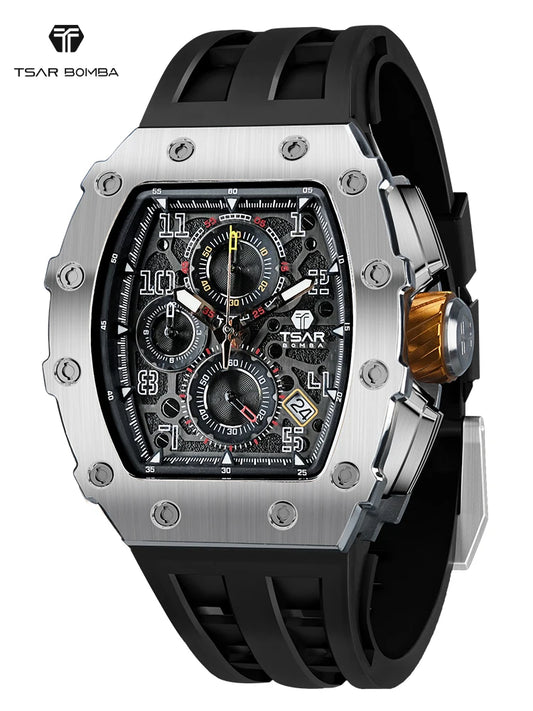 TSAR BOMBA Uhr für Herren, Luxusmarke, Tonneau-Design, wasserdichte Uhr, Edelstahl-Armbanduhr, modische rechteckige Herrenuhr