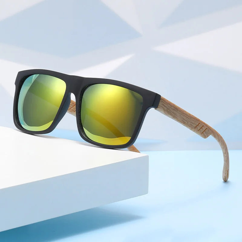 New Fashion Square Sunglasses Wood Grain Spring Hinge UV400 Unisex for Driving Hiking Travel 2026