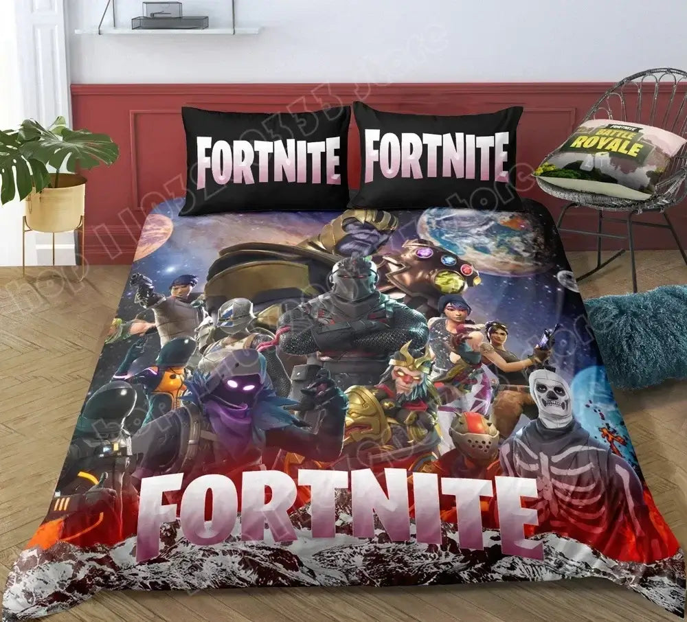 Спален комплект Fortnite с плик за завивка, 3 части, 3D принт, спално бельо за спалня, игра, аниме, анимационна калъфка за възглавница, декорация за стая, подаръци