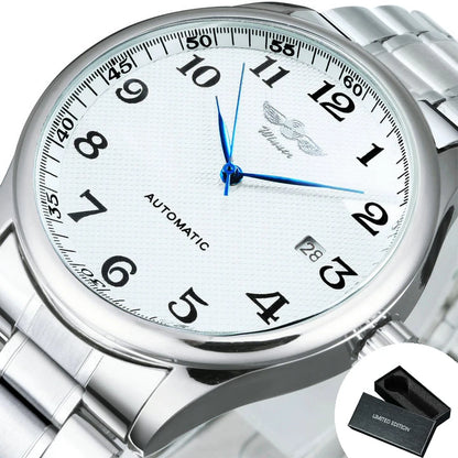 Classic men’s watch – Retro style with date display and blue hands, automatic mechanical movement, prestigious brand, steel case and leather strap