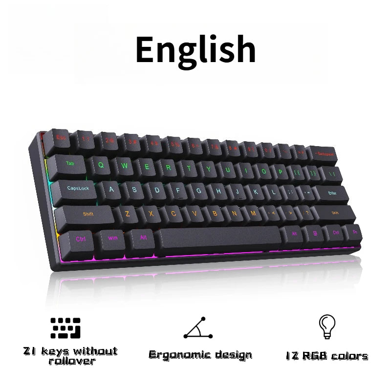 H61K USB-Type C Wired Mechanical Keyboard Red Switch RGB Backlit 61 Keys English Spanish Wired Keyboard for Game Office