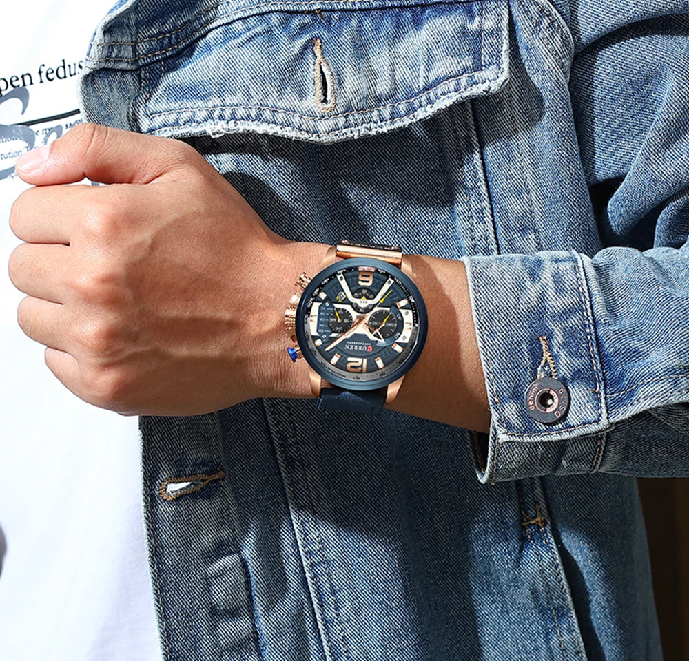 CURREN 8329 Men’s Watch – Casual sporty style, military-inspired design, leather strap, trendy chronograph, luxury watch from a leading brand
