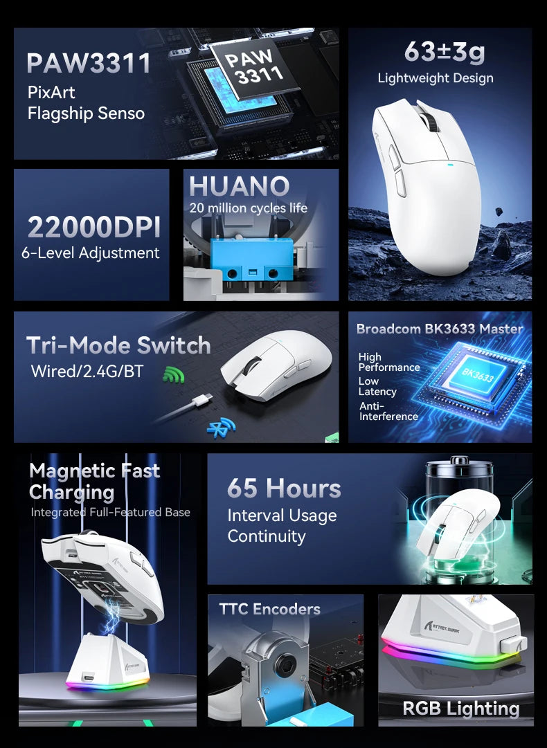 Attack Shark X11 Wireless Gaming Mouse with RGB Charging Dock, PAW3311 Sensor, 22000 DPI, Tri-Mode Bluetooth, 1000Hz Polling Rate Gaming Mouse