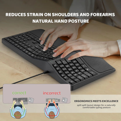 Tastiera ergonomica cablata USB K9 divisa, tastiera ergonomica con poggiapolsi, 110 tasti, tastiera gaming per uffici professionali