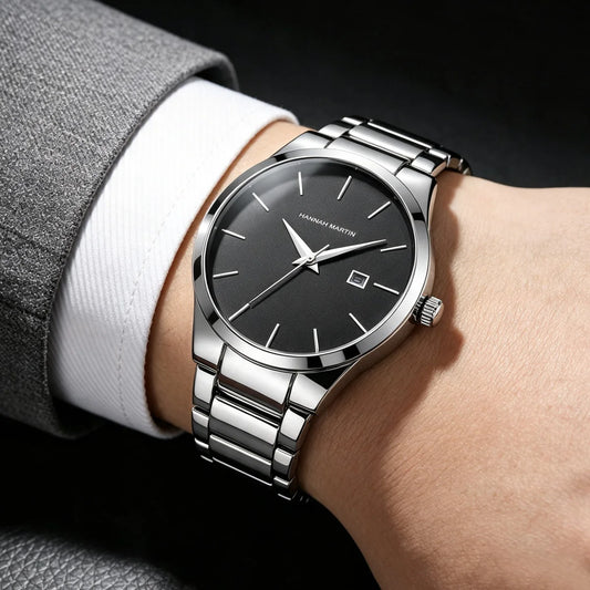 Hannah Martin men’s watch, stainless steel case, quartz movement, 41 mm dial, business style, with calendar display (imitation)