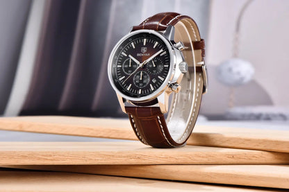 Benyar luxury men’s watch – Chronograph with date, leather strap, water-resistant, luminescent, sporty and military style, quartz watch