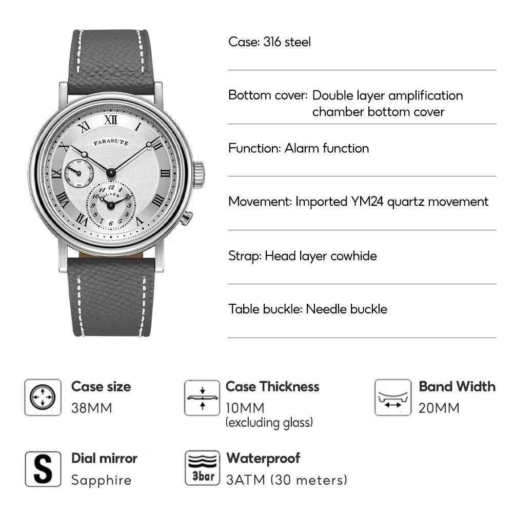 FARASUTE Retro Luxury Alarm Clock Quartz Watch Men Waterproof Night Light Wristwatch Casual Sapphire Stainless Steel Male Watch