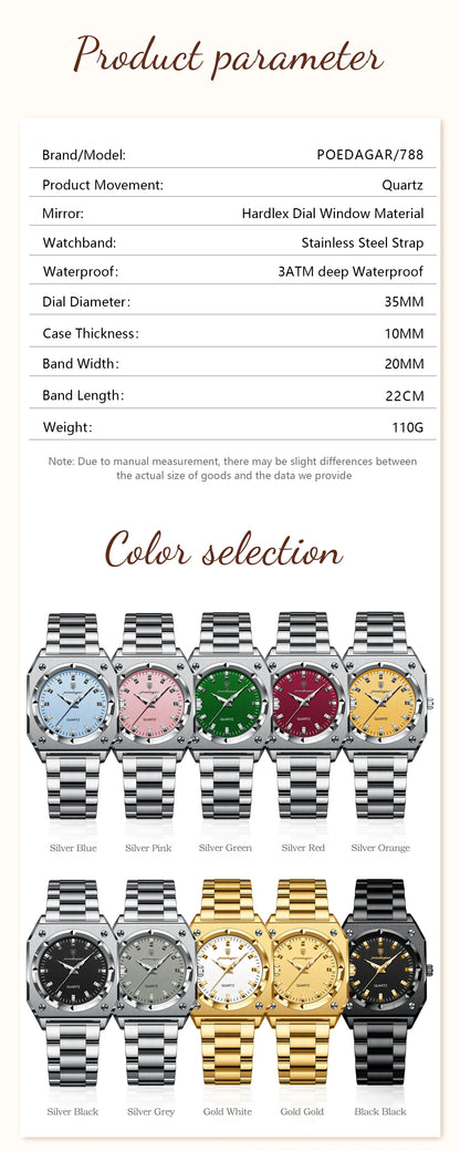 POEDAGAR Fashion Square Ladies Wristwatch Stainless Steel Waterproof Luminous Woman Watch Elegant Luxury Women's Quartz Watches