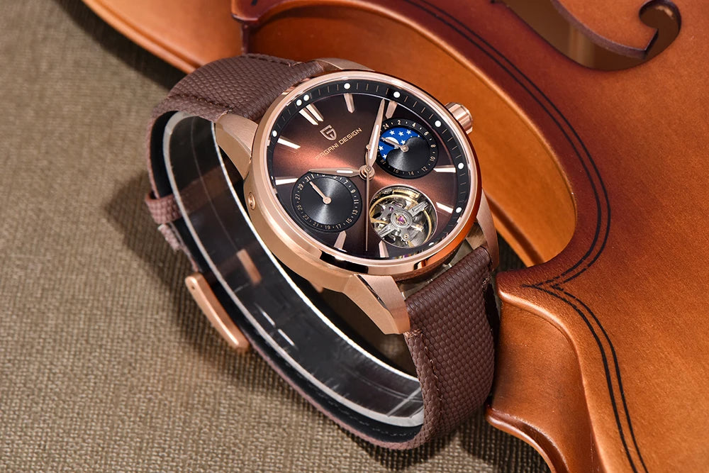 PAGANI DESIGN – Luxus mechanikus férfi karóra, 41 mm, zafírüveg, bőr szíj, vízálló, pilóta stílusú, tourbillon és holdfázis kijelzővel