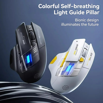 Rato Gaming Inphic A9 Pro Tri-Mode com Coluna de Luz Colorida, Indicador de Bateria, DPI Ajustável, Controlador Macro, Design Ergonómico, 12800DPI