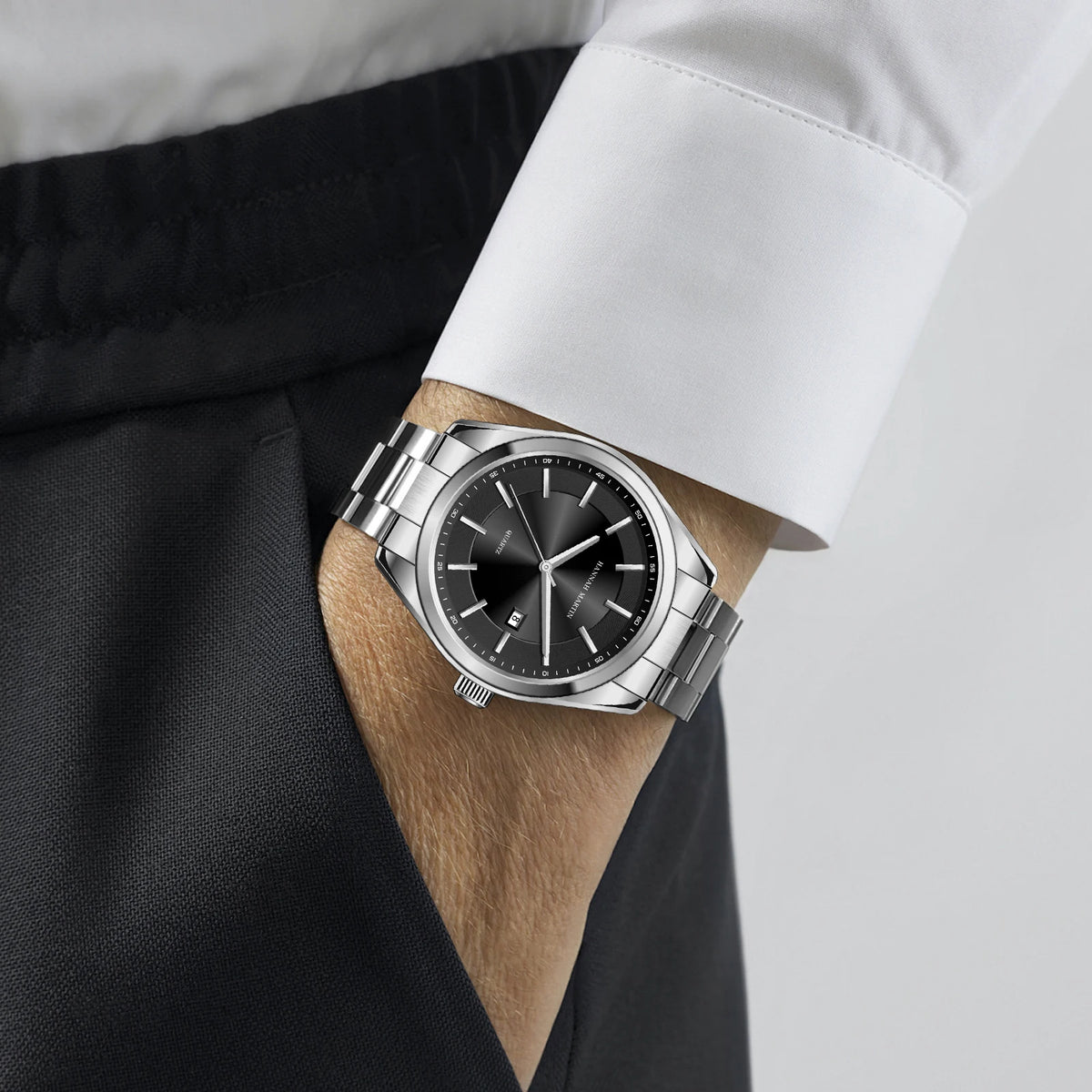 HANNAH MARTIN quartz watch, 40 mm, for men, black stainless steel bracelet, water-resistant to 3 bar, sporty-chic style