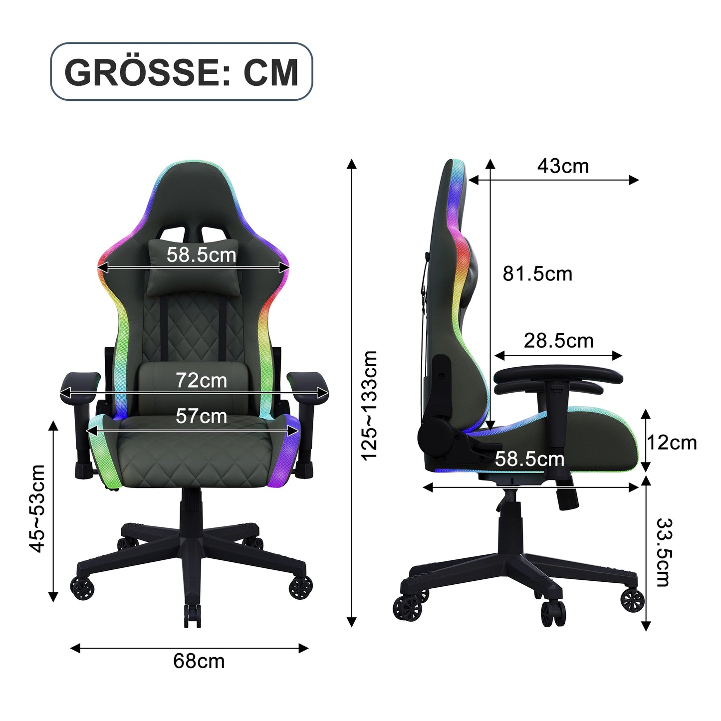 Comanlai Ergonomic Gaming Chair with RGB LED Lights Massage Lumbar Pillow Adjustable Recline Height Game Chair for Office Gaming