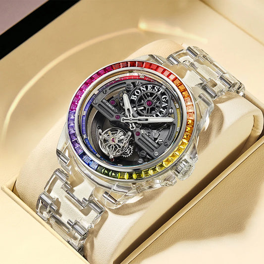 BONEST GATTI luxury Full Skeleton Automatic Mechanical Watch Sapphire Back 48 Rainbow Diamonds Luminous Luxury Wristwatch Men