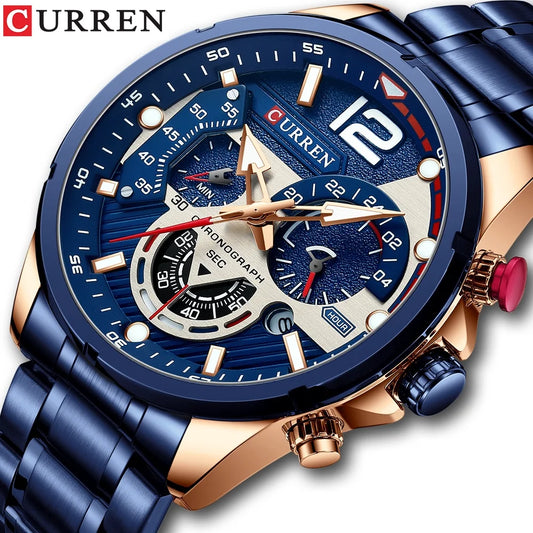 CURREN Herren-Sportuhr mit Quarz-Chronograph, luxuriöse Edelstahl-Armbanduhr mit Leuchtanzeige Relogio Masculino