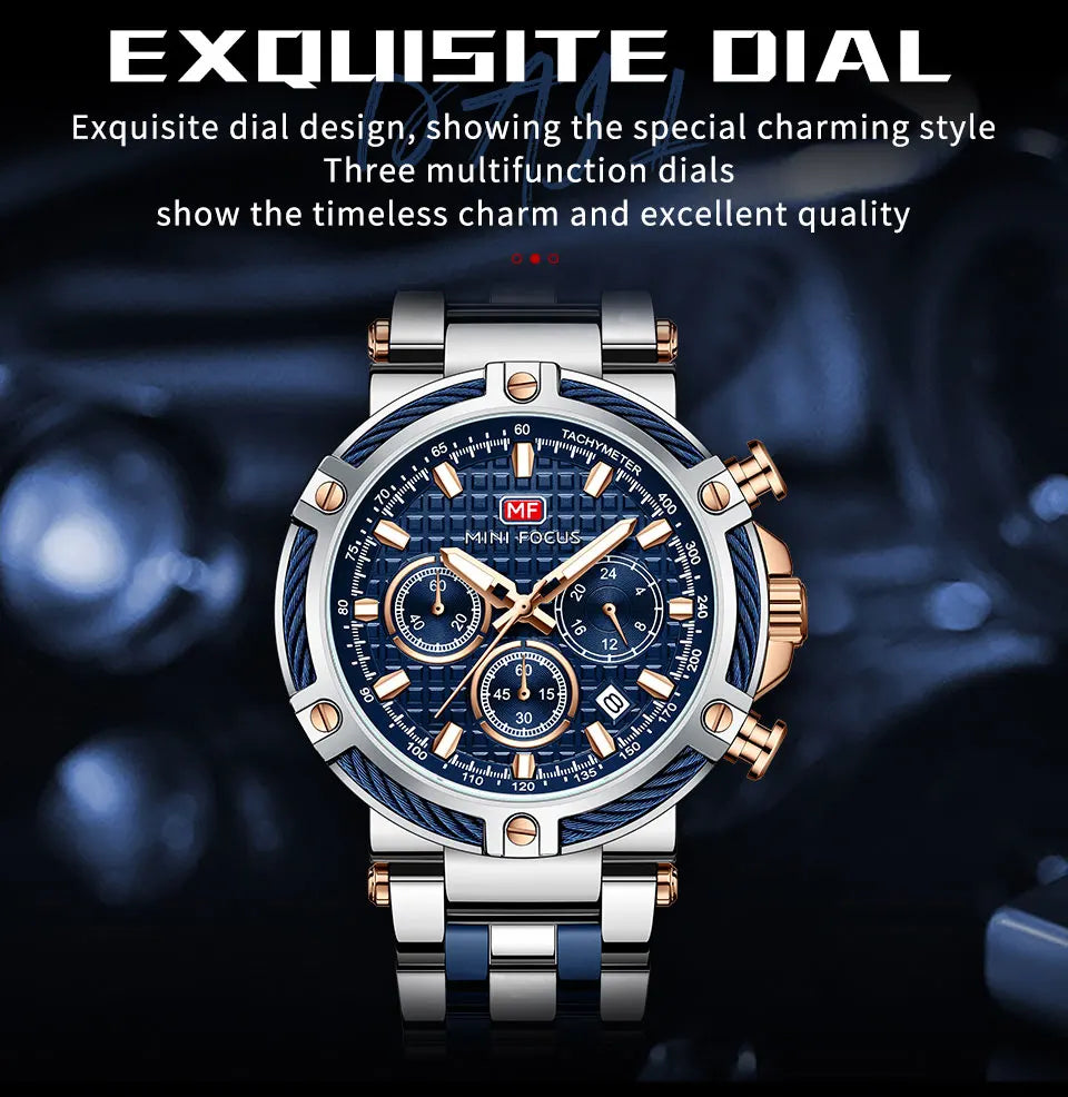 MINI FOCUS Black Stainless Steel Quartz Watch Men Fashion Luminous Dress Wristwatch with Date 24-hour Display Chronograph 0470