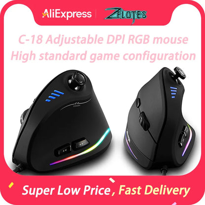 Mouse verticale ZELOTES C-18, mouse ottico RGB a 11 tasti con joystick, mouse gaming laser programmabile per PC e gamer