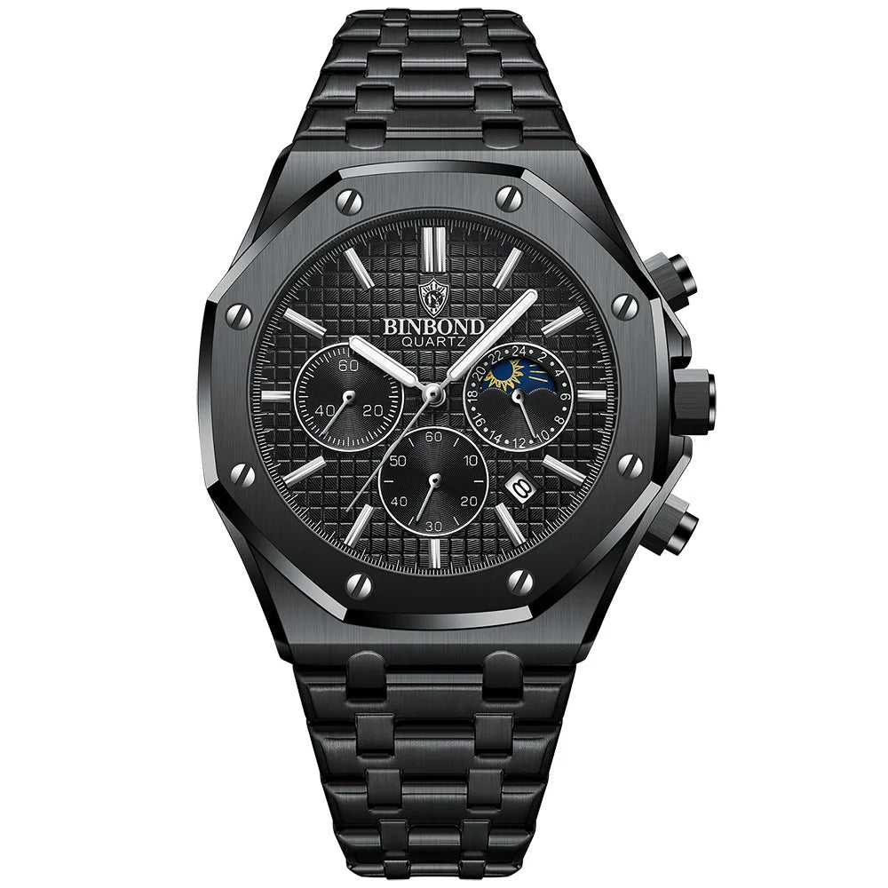 BINBONG B0161 Top Brand Man Business Quartz Watch Chronograph Wristwatch Stainless Steel Strap 30M Waterproof Luxury Men Watch