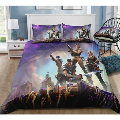 Спален комплект Fortnite с плик за завивка, 3 части, 3D принт, спално бельо за спалня, игра, аниме, анимационна калъфка за възглавница, декорация за стая, подаръци