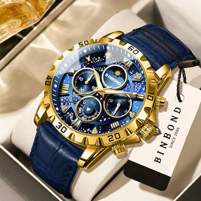 Authentic and accurate BINBOND quartz wristwatch for men, a luxury, water-resistant chronograph with a luminous display and leather strap.