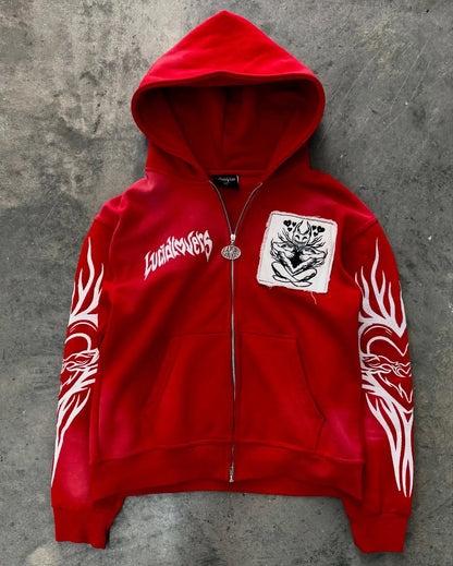 Produit gaming premium Fraquane, produits de luxe, nouvelle génération, équipement gamer 2026 New American Fashion Trend Goth Printed Zipper Hoodie Women Street Hip Hop Punk Rock Sweatshirt Unisex Casual Loose Hoodie