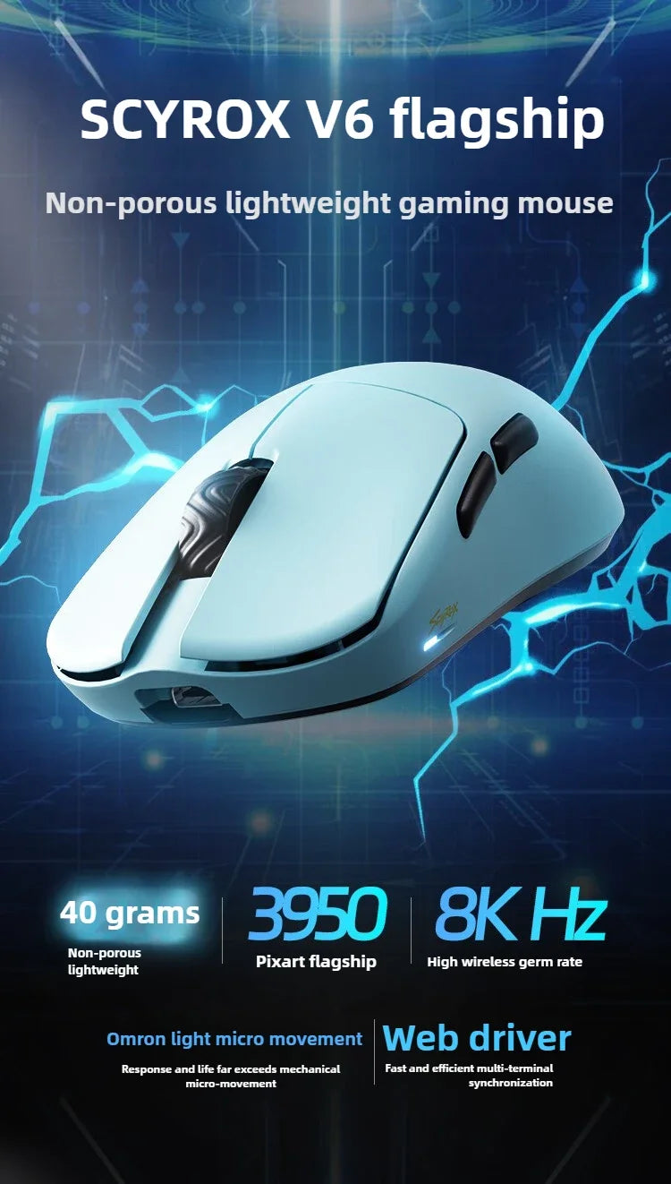 SCYROX V6 nem porózus vezeték nélküli esport egér, 40g, 750IPS, 8k vevőegységgel, gyors válaszidővel, 3950, prémium minőségű 8KHz gaming egér