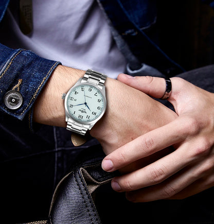 Classic men’s watch – Retro style with date display and blue hands, automatic mechanical movement, prestigious brand, steel case and leather strap