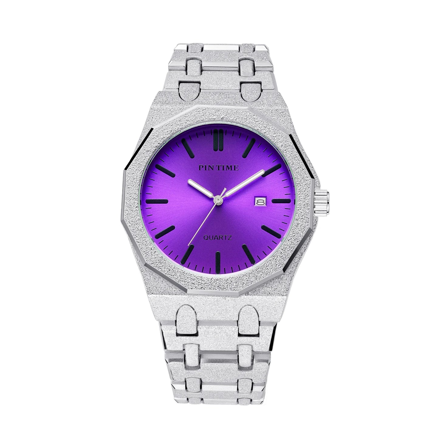 Octagon Wristwatch Glitter Textured Case Purple Dial Date Display Quartz Watch Unisex Stylish Trendy Casual Fashion Watch