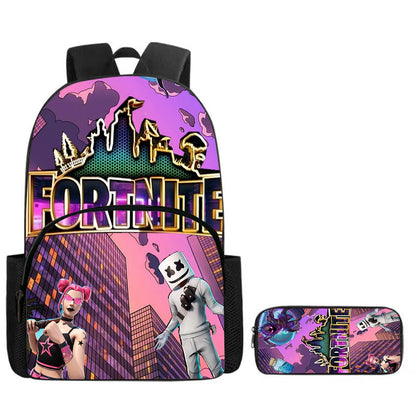 Mochila Fortnite Cartoon com Bolso Frontal e Estojo 2PCS - Conjunto Escolar para Meninos e Meninas dos 5 aos 8 Anos, Presente de Regresso às Aulas