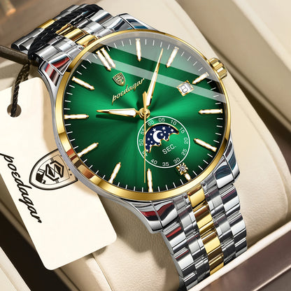 POEDAGAR luxury men’s watch, casual style, stainless steel, quartz, water-resistant, luminous, with date, elegant.