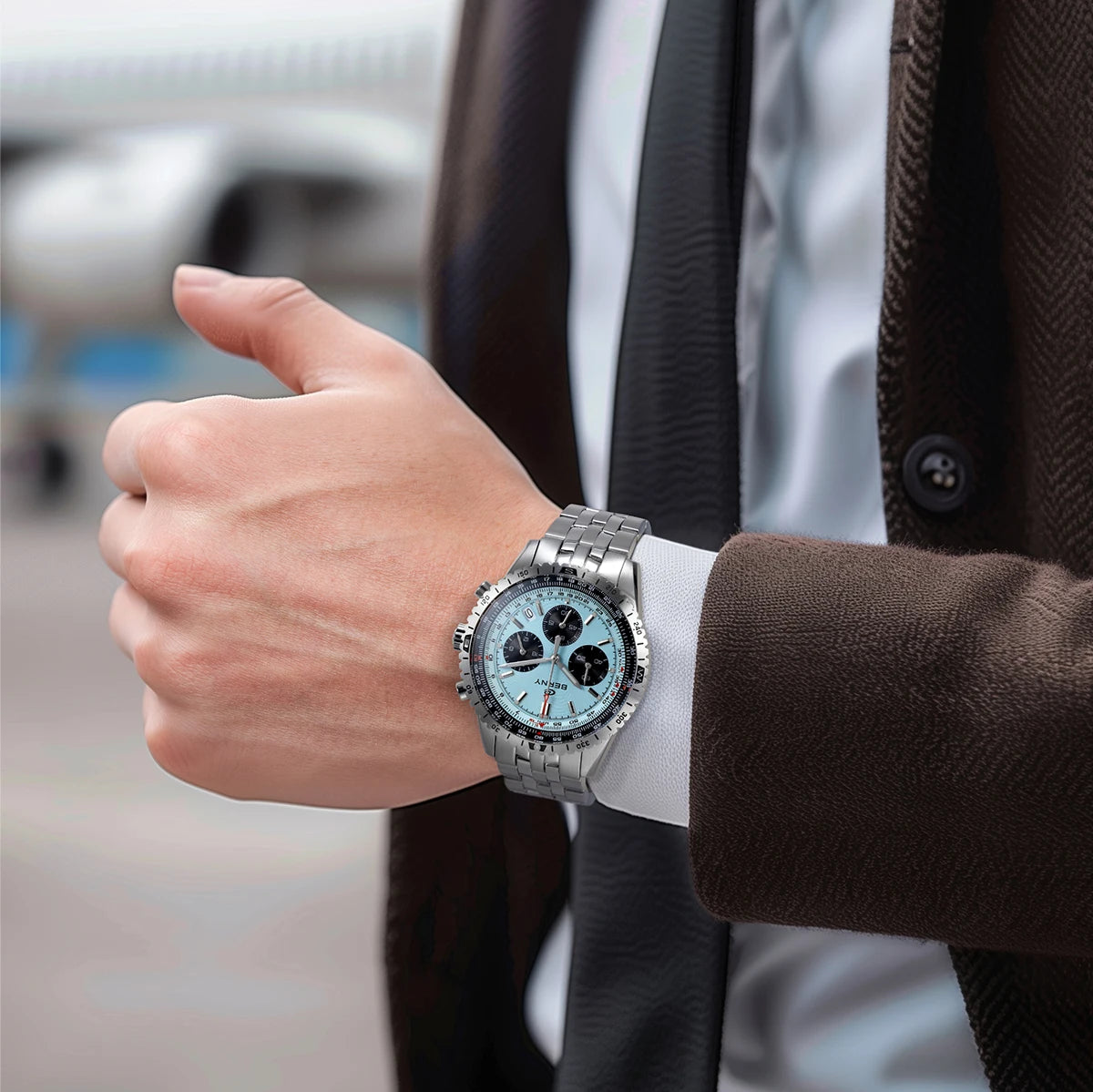 BERNY men’s chronograph watch – Multifunction aviation-style quartz watch, featuring a date display, sapphire crystal and excellent luminescence – Luxury men’s wristwatch