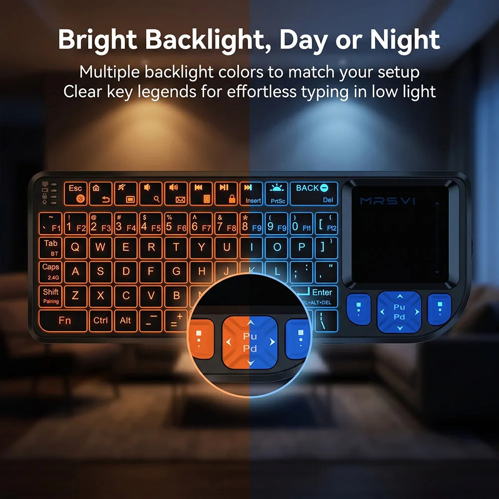 MRSVI Mini-Tastatur A8 PLUS, beleuchtete 2.4GHz- & Bluetooth5.0-Wireless-Tastatur mit Touchpad für Android TV Box, Mac, Laptop, Windows