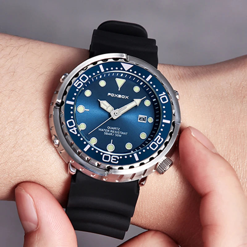 FOXBOX  Top Brand Fashion Diver Watch Men 50ATM Waterproof Date Clock Sport Watches Mens Quartz Wristwatch Relogio Masculino