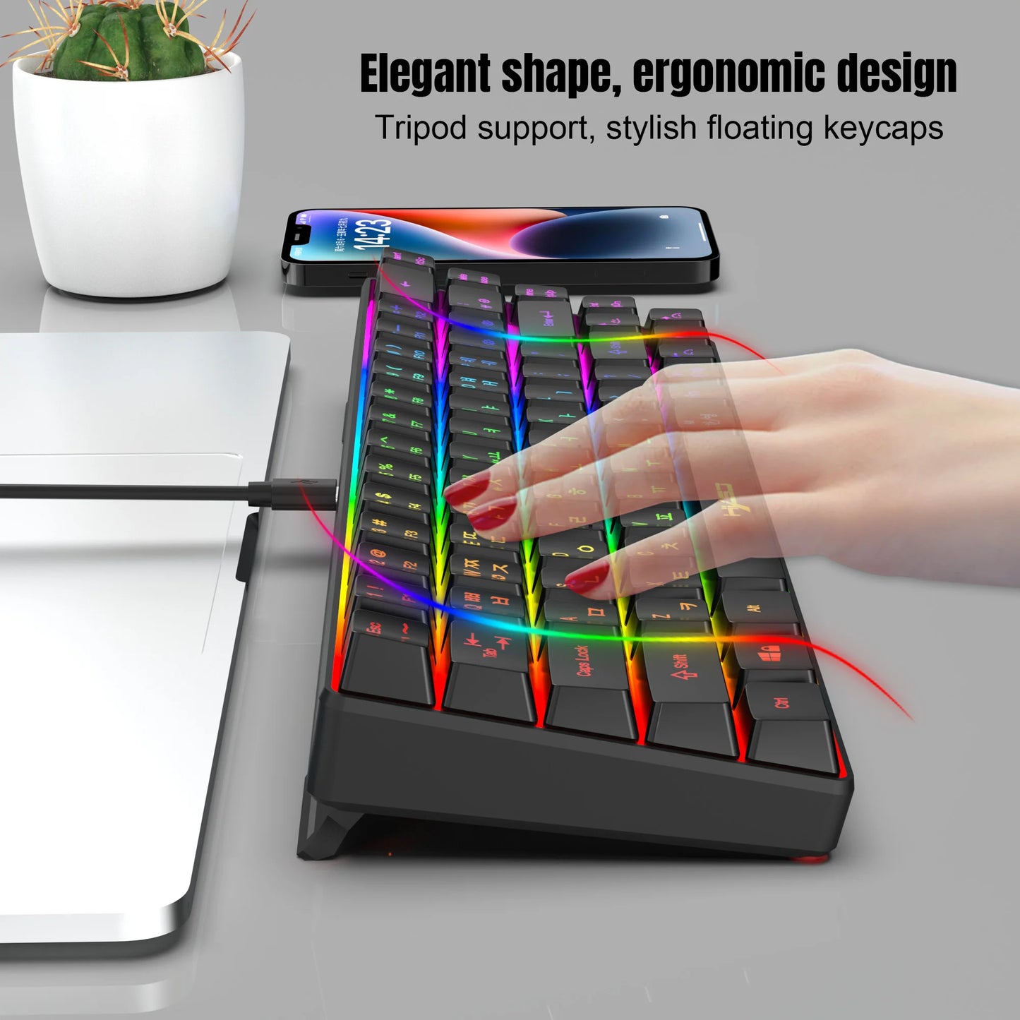 Tragbare HXSJ V200 68-Tasten-Gaming-Tastatur mit koreanischem Layout, 65%, kabelgebundene Office-Membrantastatur mit RGB-Hintergrundbeleuchtung für Desktop-PCs und Laptops