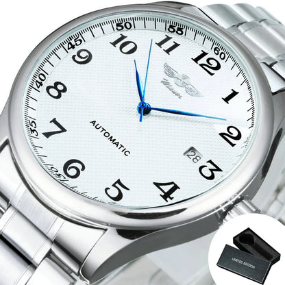 Herrklocka WINNER – Klassisk, retro och elegant stil – Mekanisk automatisk klocka med kalender – Lyxmärke, boett i stål och läderarmband