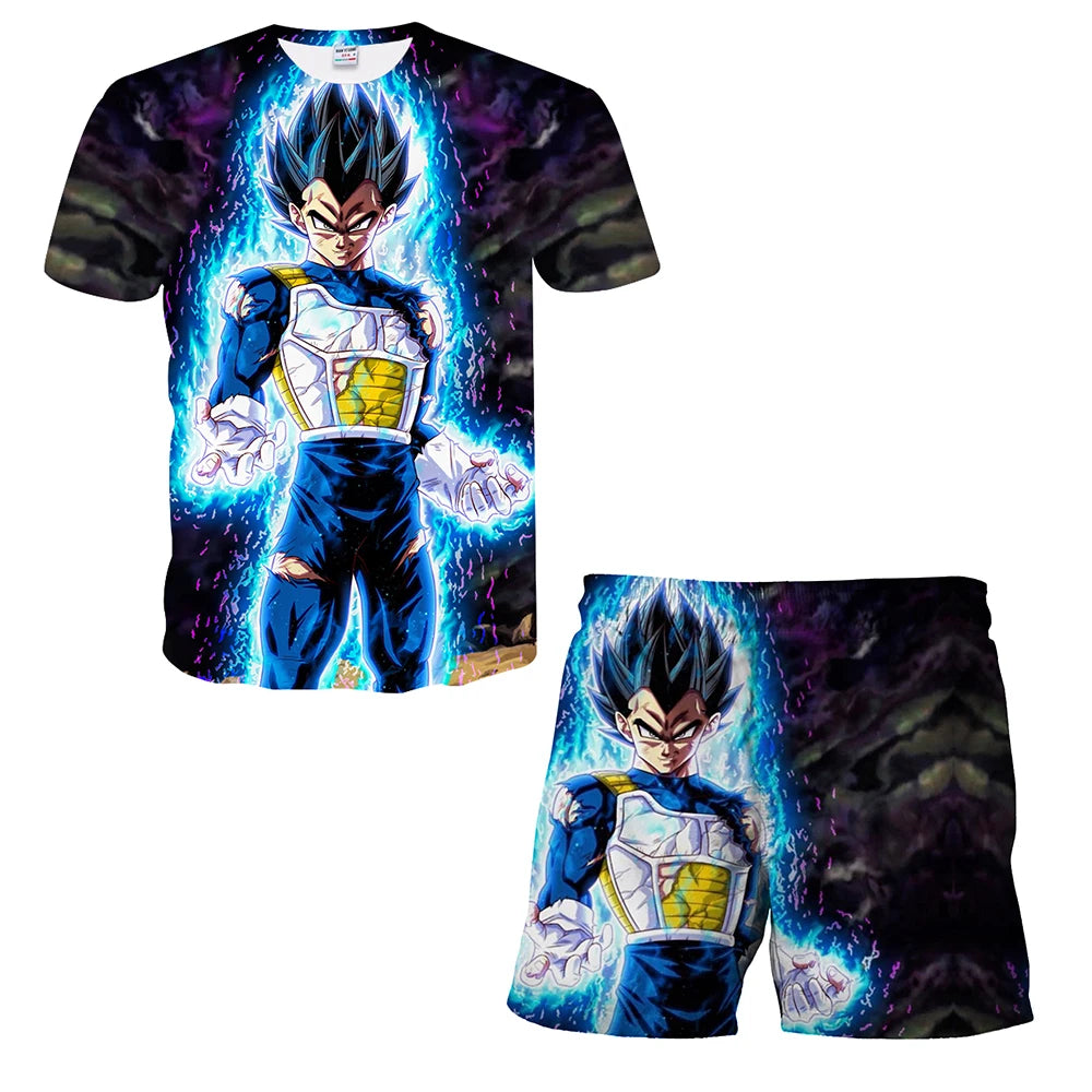 Japanisches Cartoon-Dragon-Ball-Z-T-Shirt, Kinder-Oberteil, T-Shirt- und Shorts-Zweiteiler für den Sommer, Jungen-T-Shirt + Shorts, Strandshorts