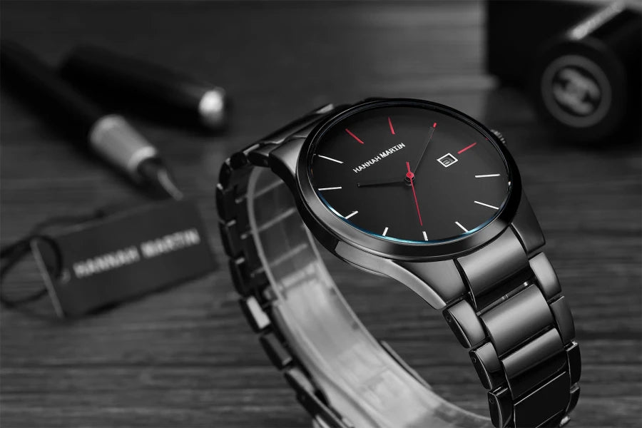 Hannah Martin férfi karóra, rozsdamentes acél tok, kvarc szerkezet, 41 mm-es számlap, üzleti stílus, naptárkijelzéssel (utánzat)