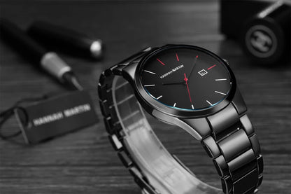 Hannah Martin férfi karóra, rozsdamentes acél tok, kvarc szerkezet, 41 mm-es számlap, üzleti stílus, naptárkijelzéssel (utánzat)