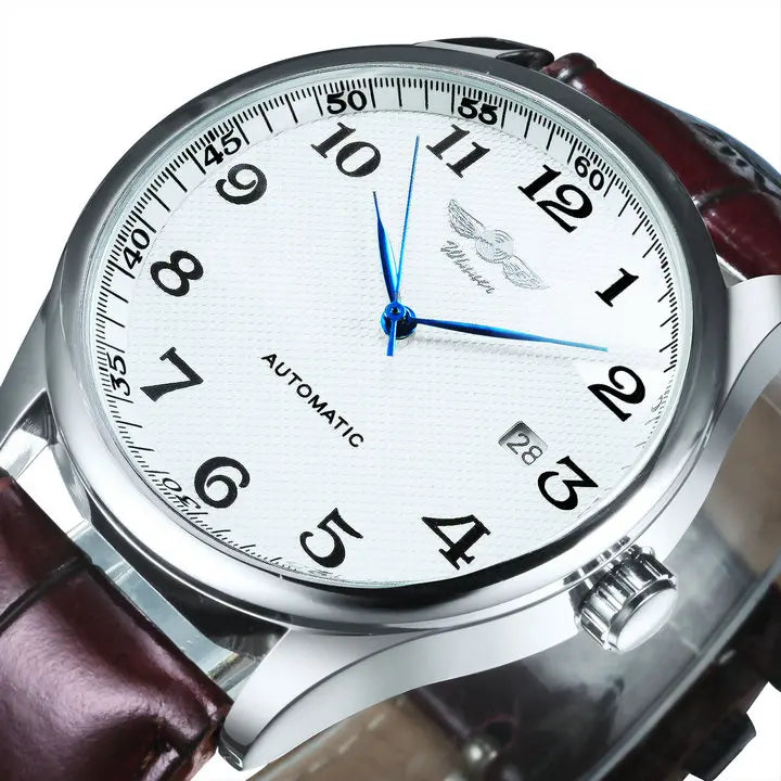 Classic men’s watch – Retro style with date display and blue hands, automatic mechanical movement, prestigious brand, steel case and leather strap